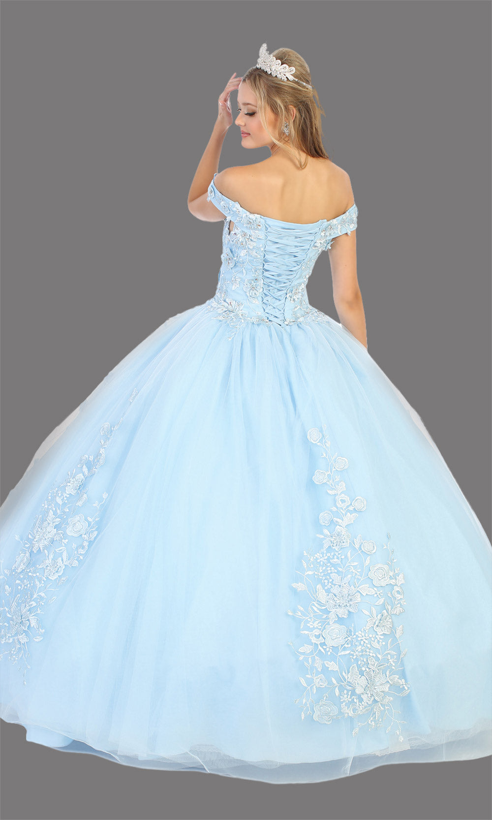 Mayqueen LK136 baby blue quinceanera off shoulder ball gown. Light blue sequin ball gown is perfect for engagement dress, wedding reception, indowestern party gown, sweet 16, debut, sweet 15, sweet 18. Plus sizes available for ballgowns-b.jpg