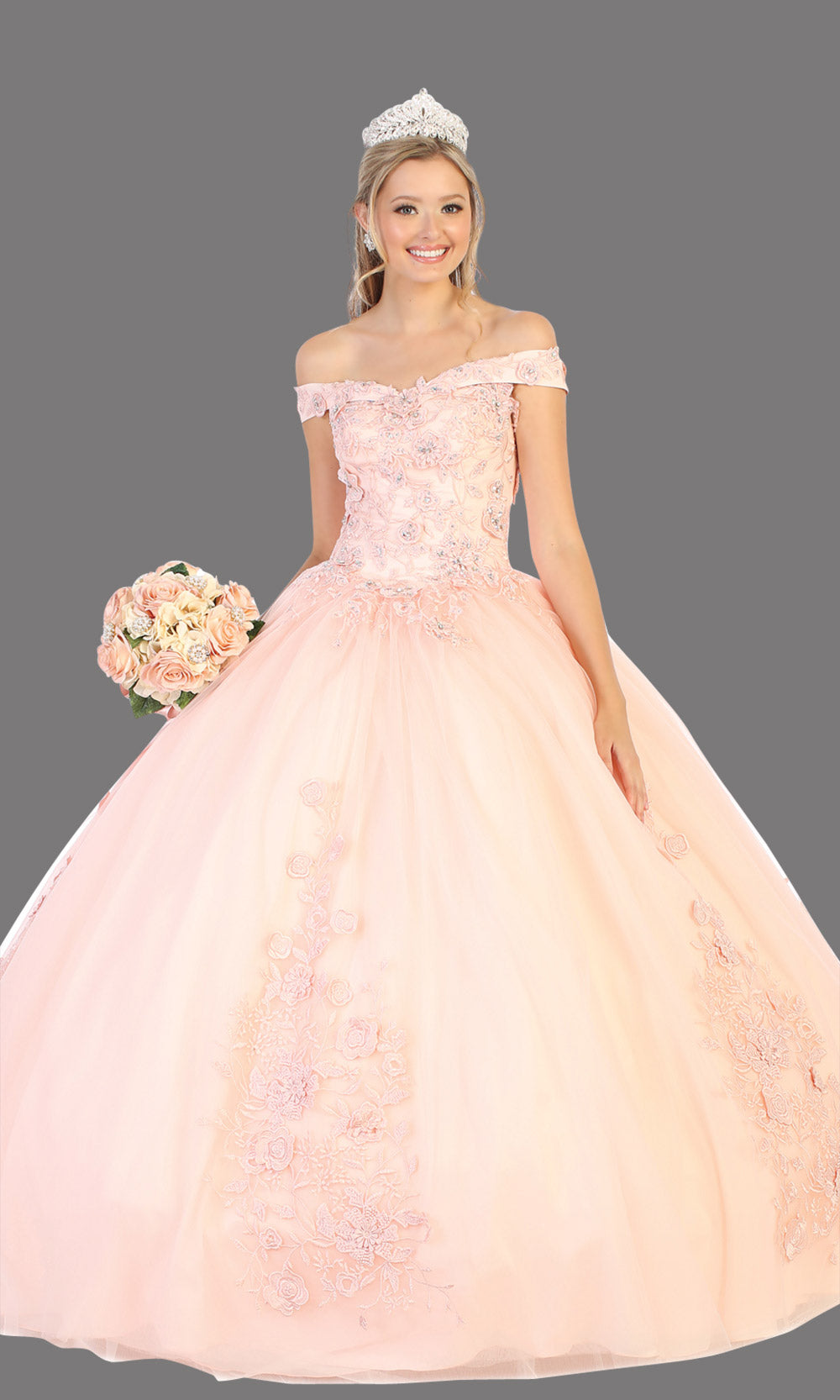 Mayqueen LK136 blush pink quinceanera off shoulder ball gown. Light pink sequin ball gown is perfect for engagement dress, wedding reception, indowestern party gown, sweet 16, debut, sweet 15, sweet 18. Plus sizes available for ballgowns.jpg