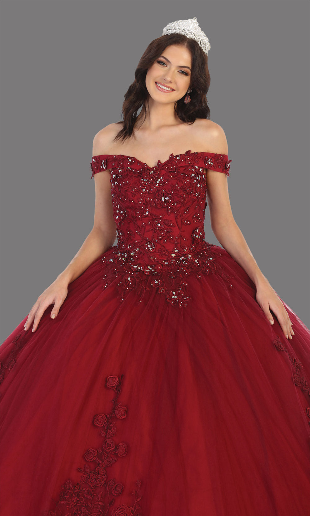 Mayqueen LK136 burgundy red quinceanera off shoulder ball gown. Dark red sequin ball gown is perfect for engagement dress, wedding reception, indowestern party gown, sweet 16, debut, sweet 15, sweet 18. Plus sizes available for ballgowns-cup.jpg