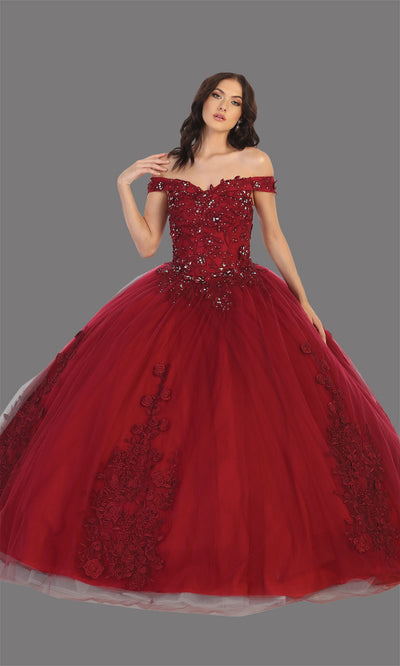 Mayqueen LK136 burgundy red quinceanera off shoulder ball gown. Dark red sequin ball gown is perfect for engagement dress, wedding reception, indowestern party gown, sweet 16, debut, sweet 15, sweet 18. Plus sizes available for ballgowns.jpg