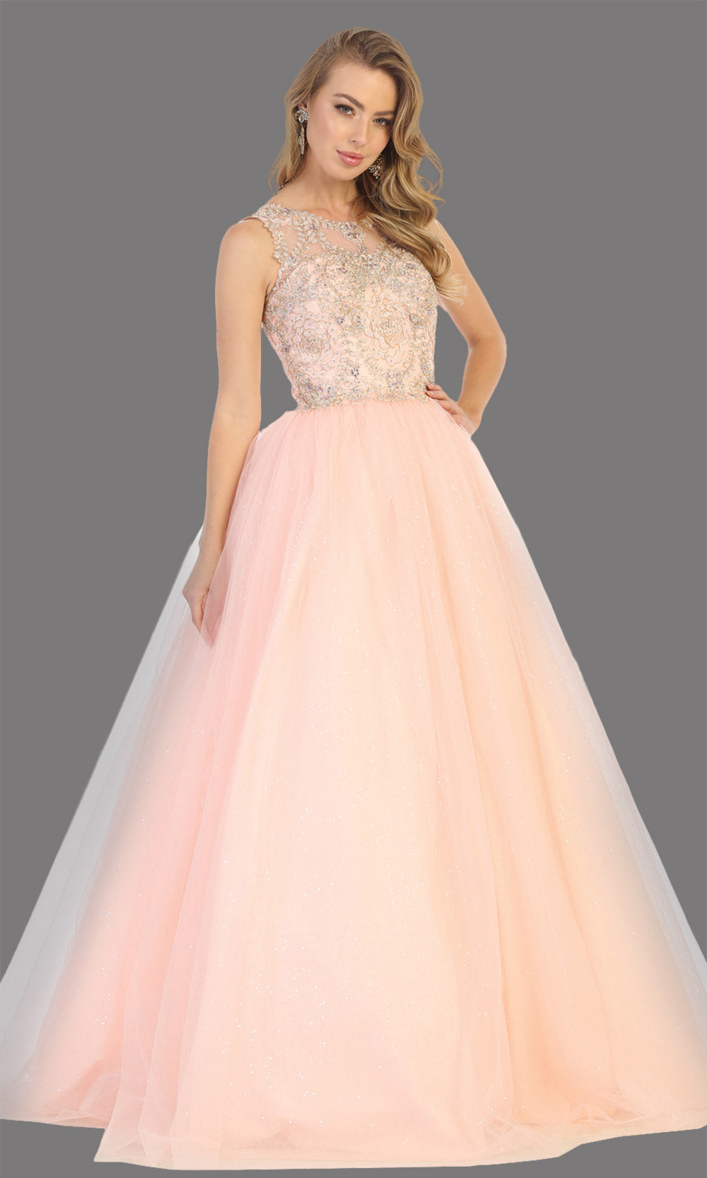 Mayqueen LK137 blush pink quinceanera high neck w/gold lace ball gown. Light pink sequin ball gown is perfect for engagement dress, wedding reception, indowestern party gown, sweet 16, debut, sweet 15, sweet 18. Plus sizes available for ballgowns.jpg