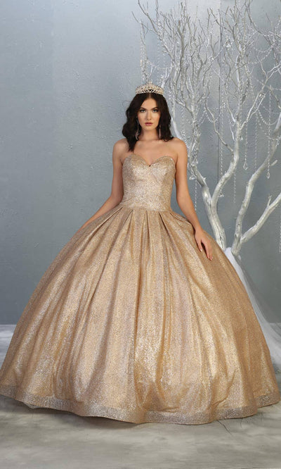 Mayqueen LK138 champagne gold quinceanera metallic shiny ballgown. This strapless light gold ball gown is perfect for engagement dress, wedding reception, indowestern party gown, sweet 16, debut, sweet 15, sweet 18. Plus sizes available for ballgowns