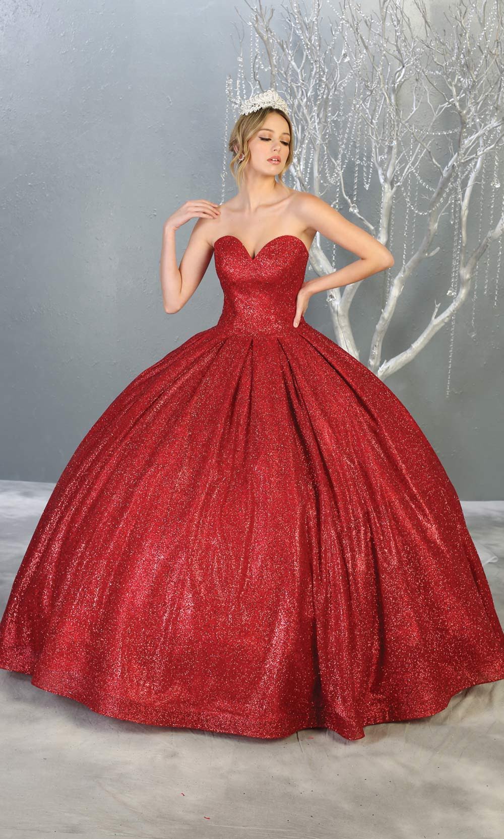 Mayqueen LK138 red quinceanera metallic shiny ballgown. This strapless red ball gown is perfect for engagement dress, wedding reception, indowestern party gown, sweet 16, debut, sweet 15, sweet 18. Plus sizes available for red ballgowns