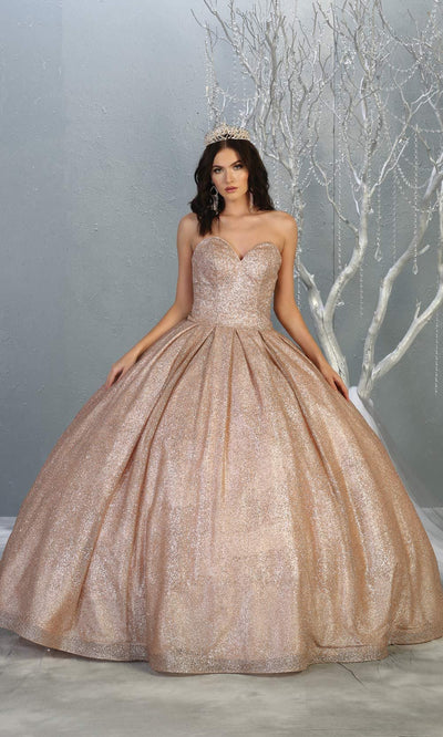 Mayqueen LK138 rose gold quinceanera metallic shiny ballgown. This strapless dusty rose ball gown is perfect for engagement dress, wedding reception, indowestern party gown, sweet 16, debut, sweet 15, sweet 18. Plus sizes available for ballgowns-b