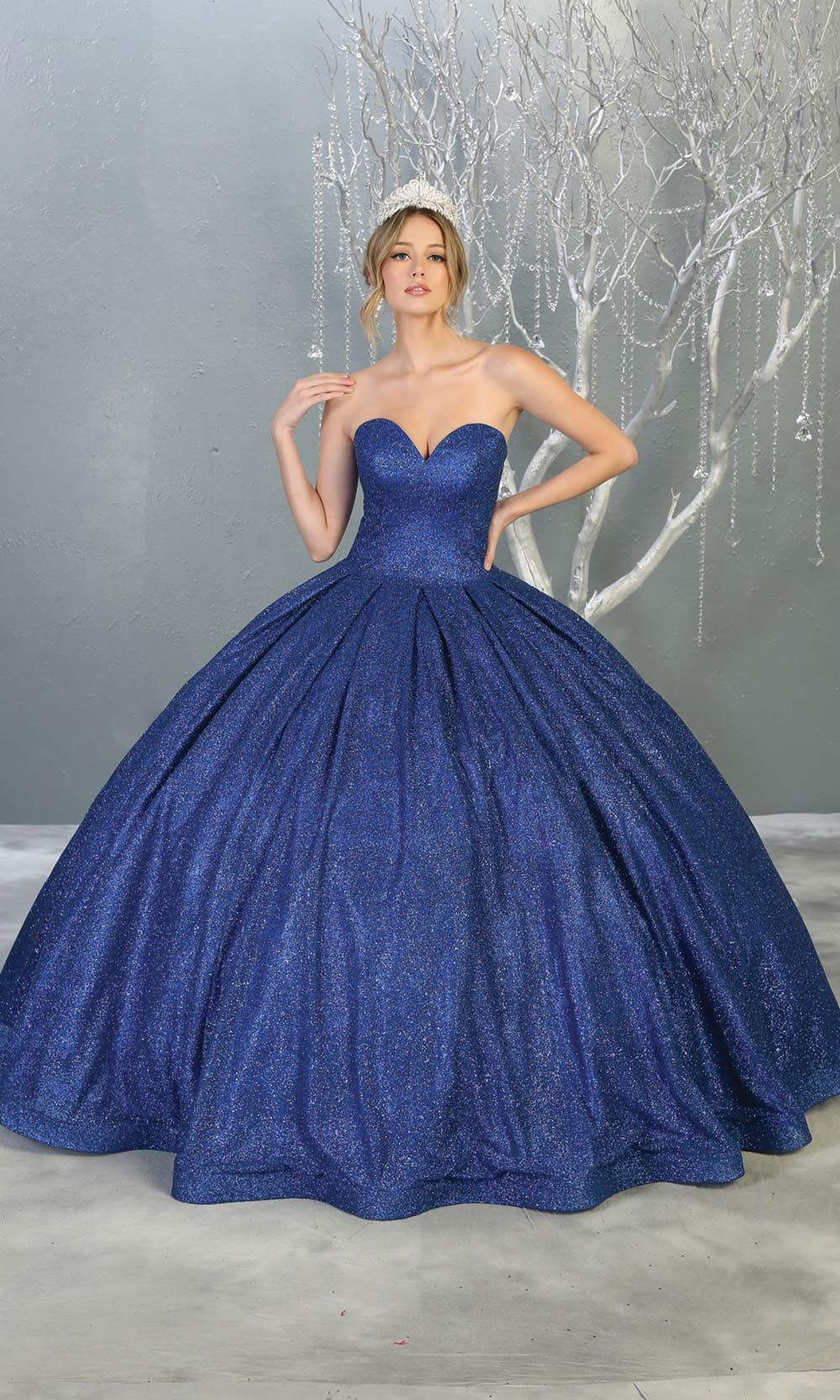 Mayqueen LK138 royal blue quinceanera metallic shiny ballgown. This strapless blue ball gown is perfect for engagement dress, wedding reception, indowestern party gown, sweet 16, debut, sweet 15, sweet 18. Plus sizes available for ballgowns