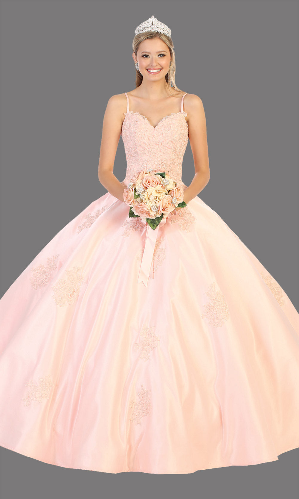 Mayqueen LK139 blush pink lace quinceanera v neck w/straps ball gown. Light pink simple ball gown is perfect for engagement dress, wedding reception, indowestern party gown, sweet 16, debut, sweet 15, sweet 18. Plus sizes available for ballgowns.jpg