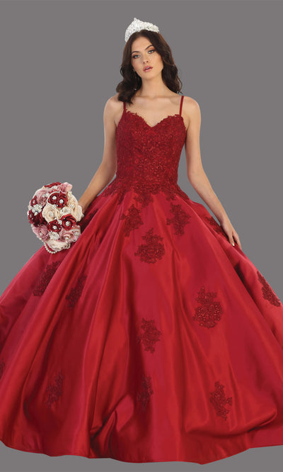 Mayqueen LK139 burgundy red lace quinceanera v neck w/straps ball gown. Dark red simple ball gown is perfect for engagement dress, wedding reception, indowestern party gown, sweet 16, debut, sweet 15, sweet 18. Plus sizes available for ballgowns.jpg