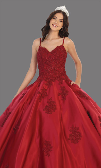 Mayqueen LK139 burgundy red lace quinceanera v neck w/straps ball gown. Dark red simple ball gown is perfect for engagement dress, wedding reception, indowestern party gown, sweet 16, debut, sweet 15, sweet 18. Plus sizes available for ballgowns-cup.jpg