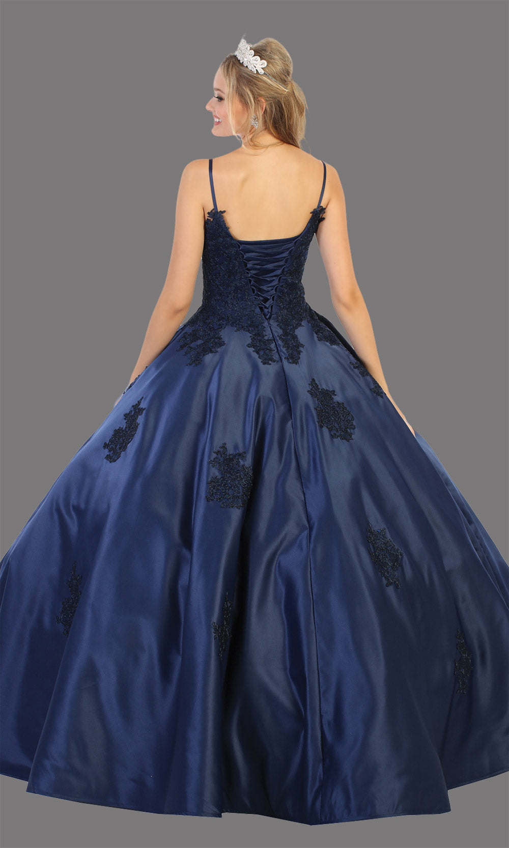 Mayqueen LK139 navy blue lace quinceanera v neck w/straps ball gown. Dark blue simple ball gown is perfect for engagement dress, wedding reception, indowestern party gown, sweet 16, debut, sweet 15, sweet 18. Plus sizes available for ballgowns-back.jpg