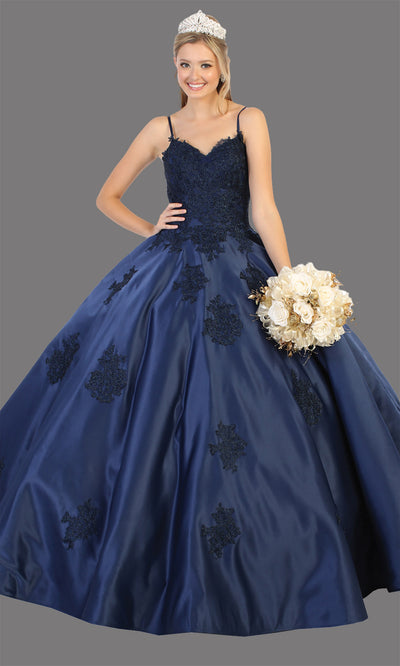 Mayqueen LK139 navy blue lace quinceanera v neck w/straps ball gown. Dark blue simple ball gown is perfect for engagement dress, wedding reception, indowestern party gown, sweet 16, debut, sweet 15, sweet 18. Plus sizes available for ballgowns.jpg
