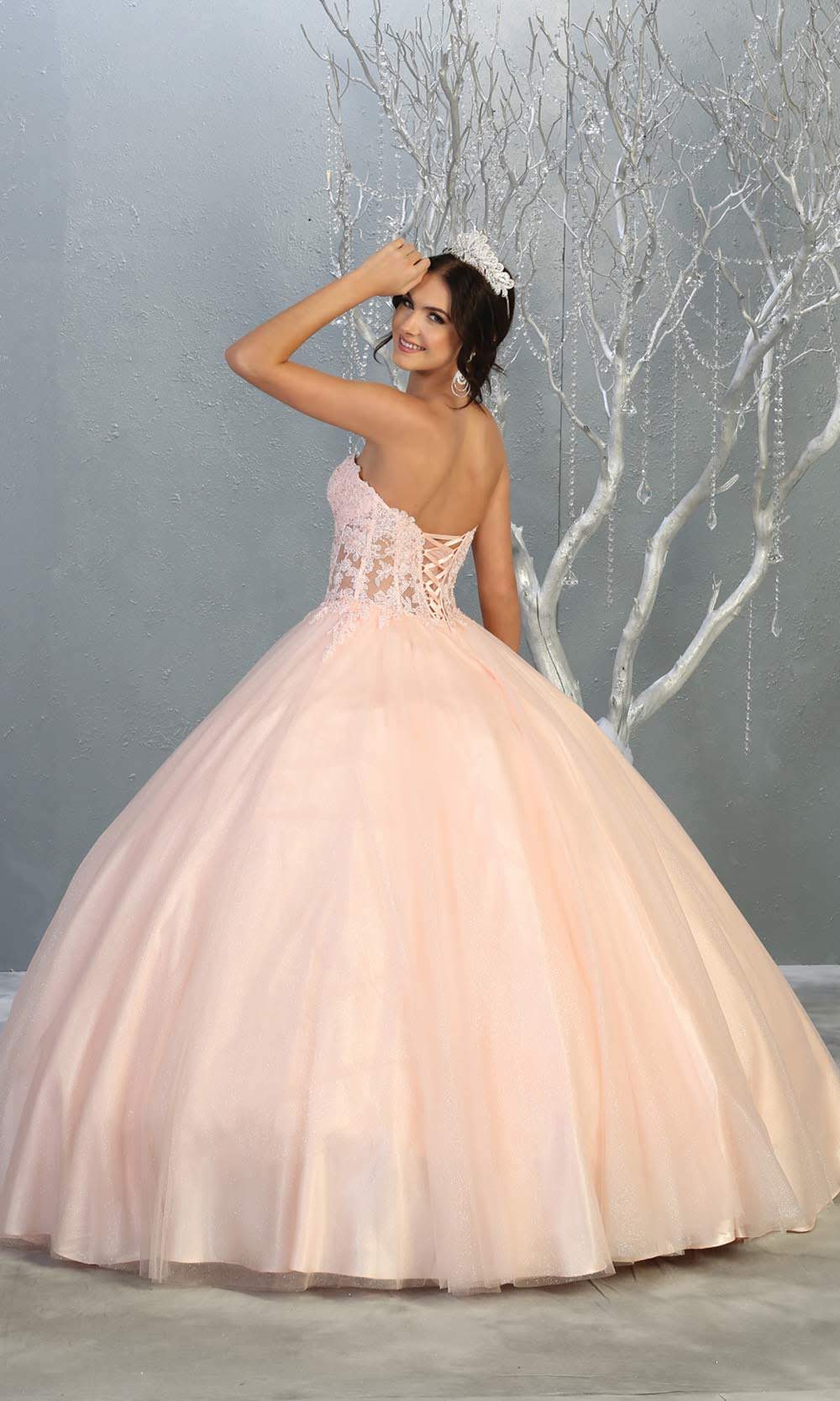 Mayqueen LK141 blush pink quinceanera strapless ball gown w/lace detail. This light pink ball gown is perfect for engagement dress, wedding reception, indowestern party gown, sweet 16, debut, sweet 15, sweet 18. Plus sizes available for ballgowns-b