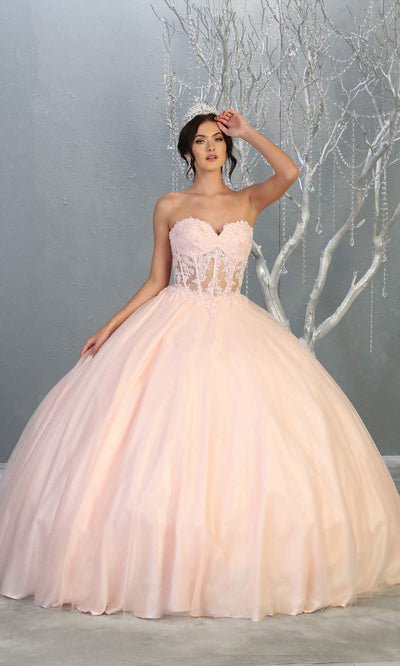 Mayqueen LK141 blush pink quinceanera strapless ball gown w/lace detail. This light pink ball gown is perfect for engagement dress, wedding reception, indowestern party gown, sweet 16, debut, sweet 15, sweet 18. Plus sizes available for ballgowns