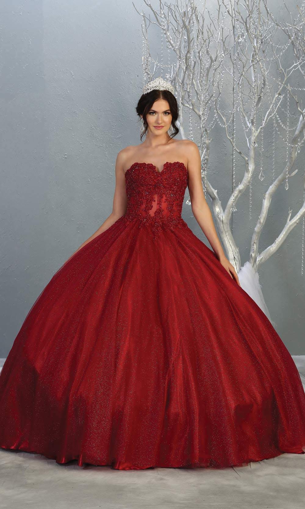 Mayqueen LK141 burgundy red quinceanera strapless ball gown w/lace detail. This dark red ball gown is perfect for engagement dress, wedding reception, indowestern party gown, sweet 16, debut, sweet 15, sweet 18. Plus sizes available for ballgowns