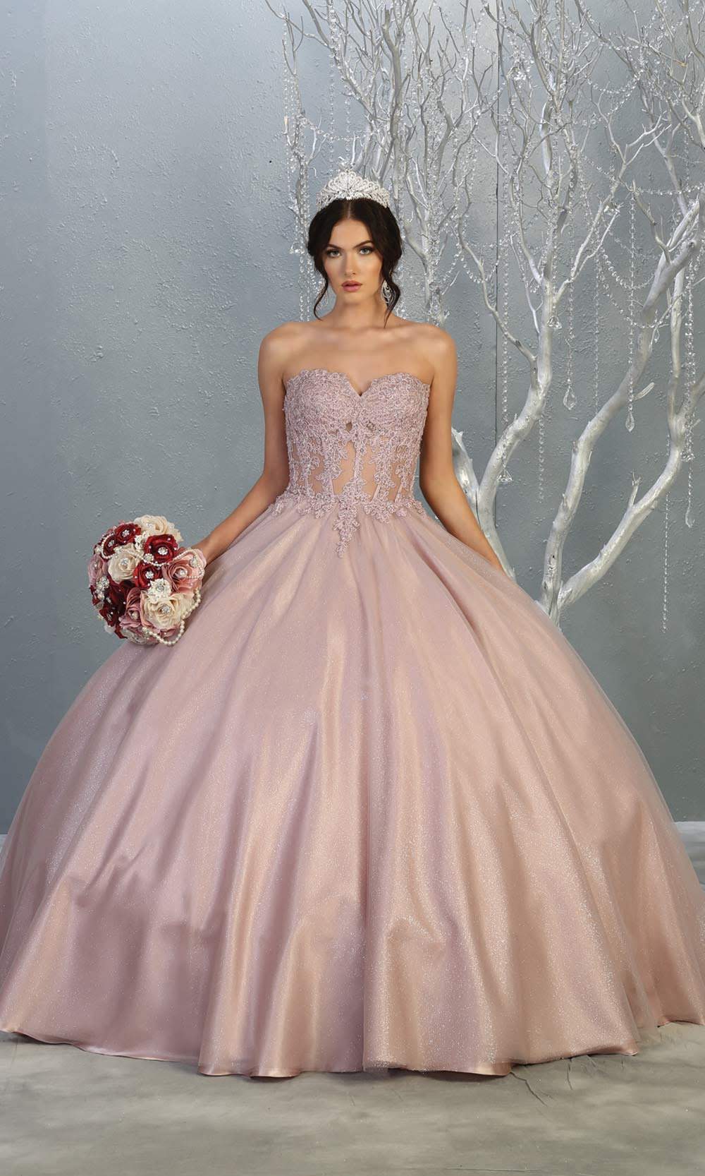 Mayqueen LK141 mauve pink quinceanera strapless ball gown w/lace detail. This light pink ball gown is perfect for engagement dress, wedding reception, indowestern party gown, sweet 16, debut, sweet 15, sweet 18. Plus sizes available for ballgowns