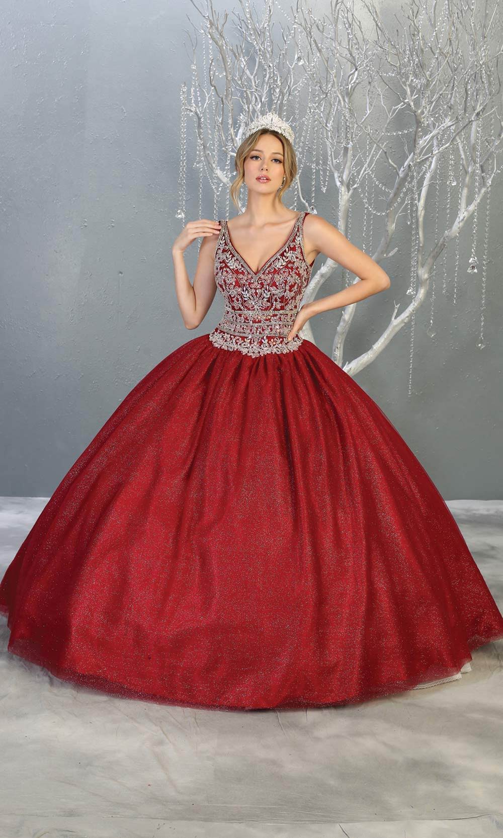 Mayqueen LK143 burgundy red quinceanera ball gown w_ wide straps & beading. This dark red ball gown is perfect for engagement dress, wedding reception, ind