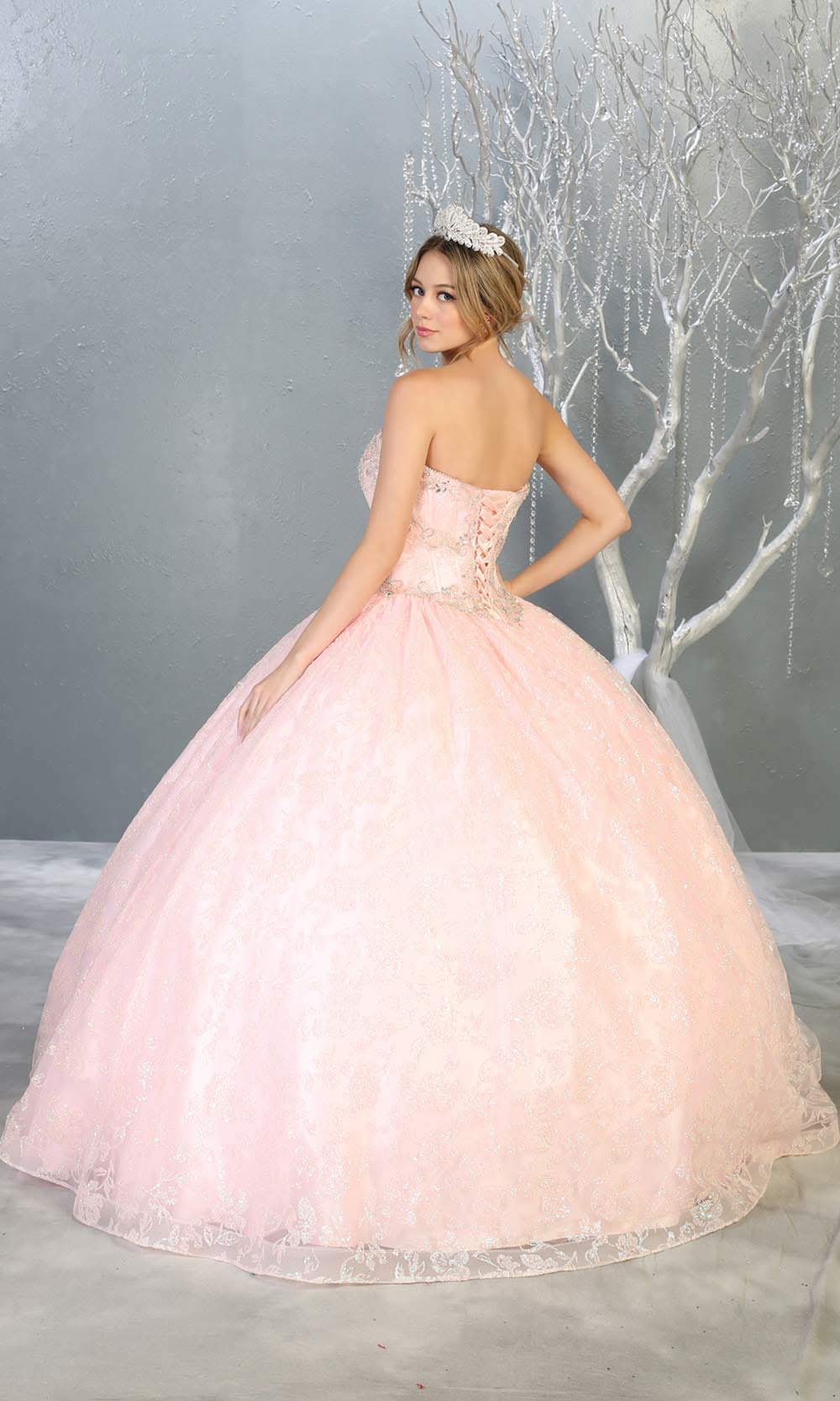 Mayqueen LK144 blush pink quinceanera ball gown w/lace detail and beaded top. This light pink ball gown is perfect for engagement dress, wedding reception, indowestern party gown, sweet 16, debut,sweet 15, sweet 18.Plus sizes available for ballgowns-b