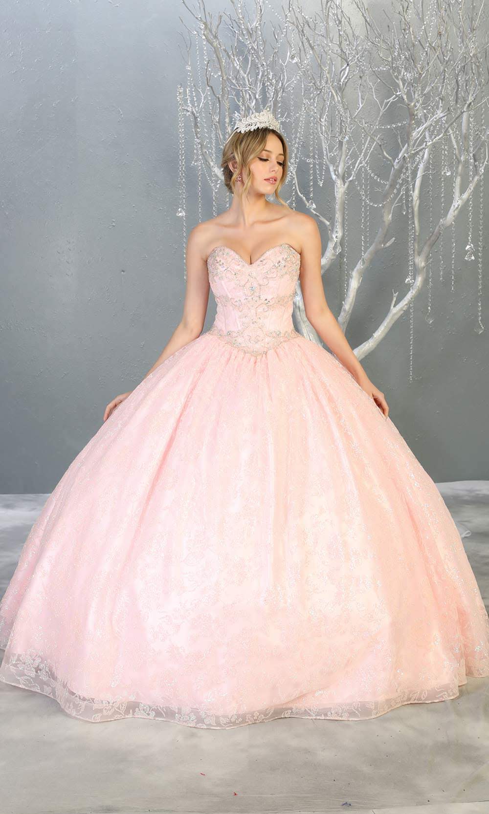 Mayqueen LK144 blush pink quinceanera ball gown w/lace detail and beaded top. This light pink ball gown is perfect for engagement dress, wedding reception, indowestern party gown, sweet 16, debut, sweet 15, sweet 18. Plus sizes available for ballgowns
