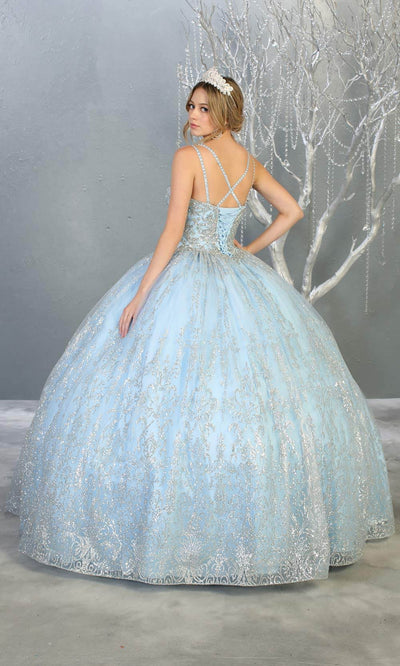 Mayqueen LK145 baby blue quinceanera ball gown w/glittery skirt & beaded top. This light blue ball gown is perfect for engagement dress, wedding reception, indowestern party gown, sweet 16, debut,sweet 15, sweet 18.Plus sizes available for ballgowns-b