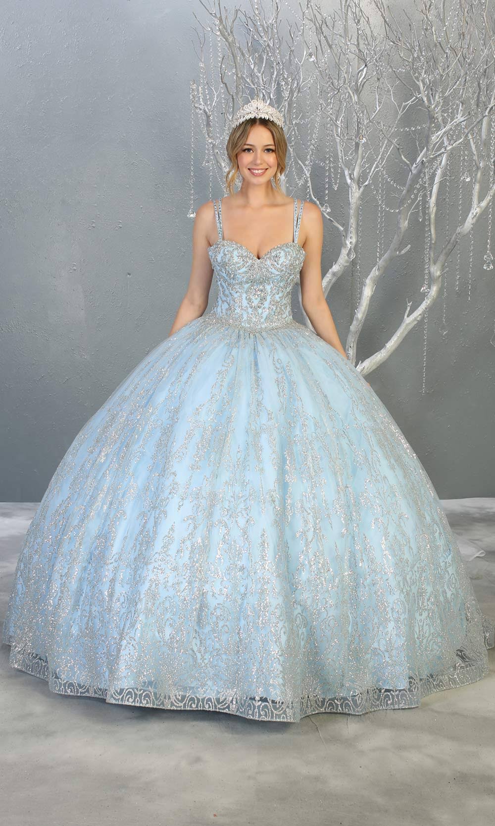 Mayqueen LK145 baby blue quinceanera ball gown w/glittery skirt & beaded top. This light blue ball gown is perfect for engagement dress, wedding reception, indowestern party gown, sweet 16, debut, sweet 15, sweet 18. Plus sizes available for ballgowns