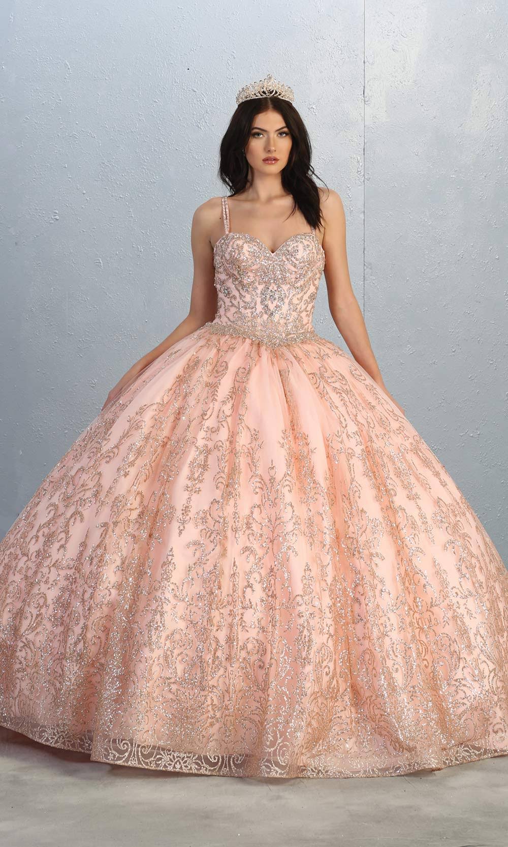 Mayqueen LK145 blush pink quinceanera ball gown w/glittery skirt & beaded top.This light pink ball gown is perfect for engagement dress, wedding reception, indowestern party gown, sweet 16, debut, sweet 15, sweet 18. Plus sizes available for ballgowns
