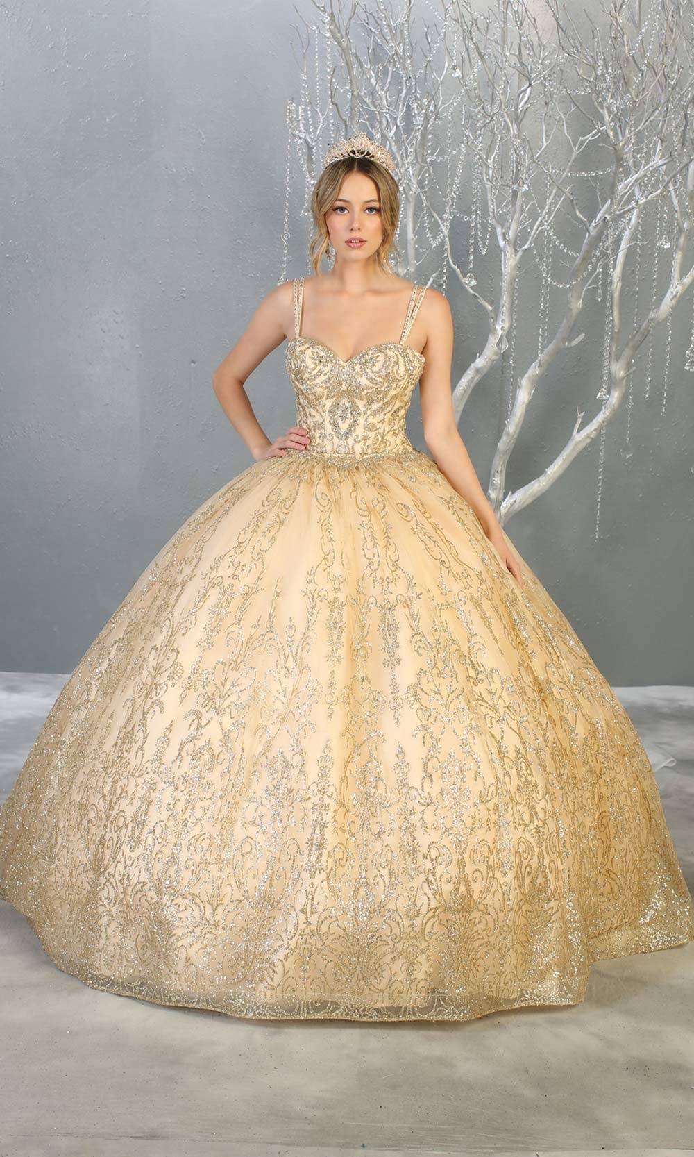 Mayqueen LK145 champagne quinceanera ball gown w/glittery skirt & beaded top. This light gold ball gown is perfect for engagement dress, wedding reception, indowestern party gown, sweet 16, debut, sweet 15, sweet 18. Plus sizes available for ballgowns