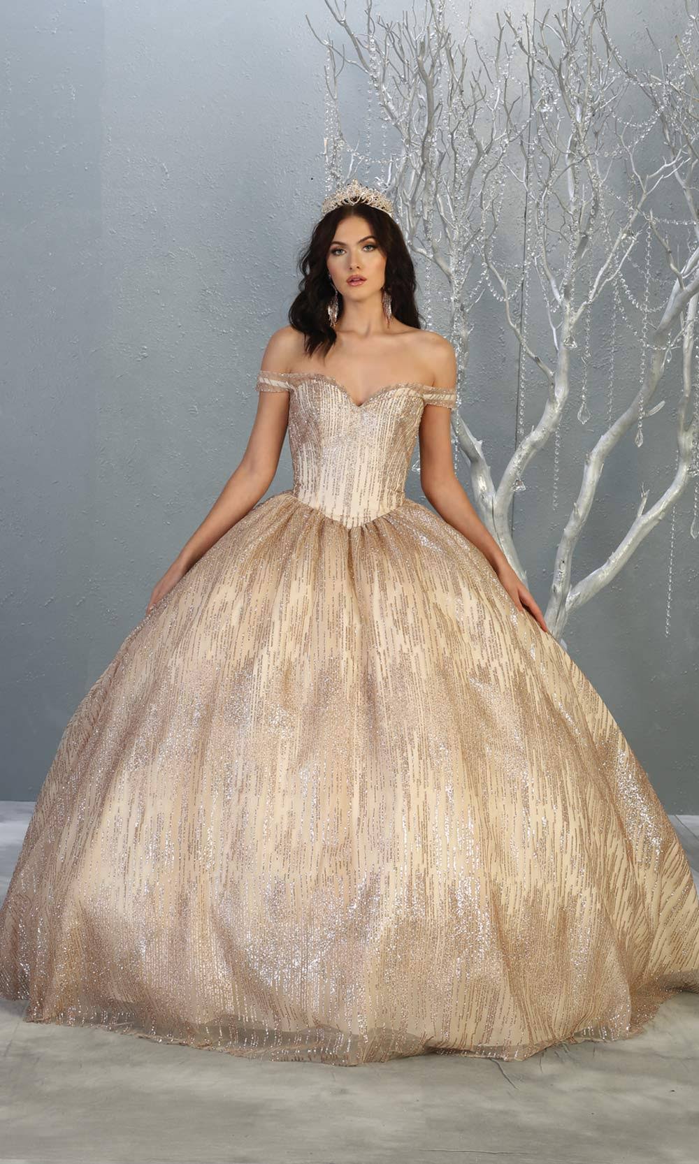 Mayqueen LK146 rose gold quinceanera off shoulder sequin ballgown. This rose gold shiny ball gown is perfect for engagement dress, wedding reception, indowestern party gown, sweet 16, debut, sweet 15, sweet 18. Plus sizes available for red ballgowns