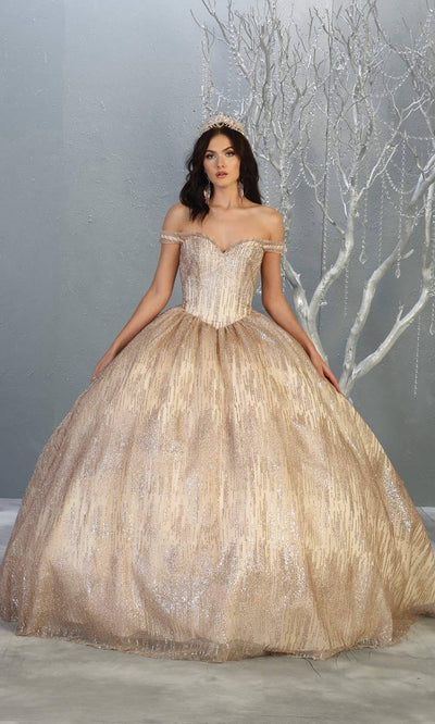 Mayqueen LK146 rose gold quinceanera off shoulder sequin ballgown. This rose gold shiny ball gown is perfect for engagement dress, wedding reception, indowestern party gown, sweet 16, debut, sweet 15, sweet 18. Plus sizes available for red ballgowns