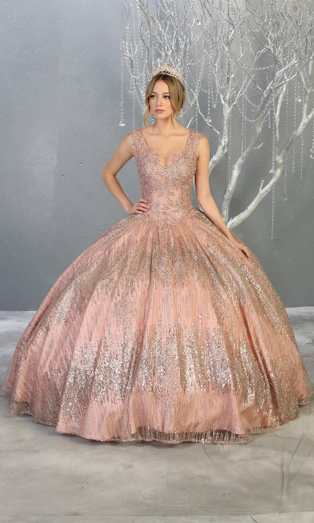 Mayqueen LK147 rose gold quinceanera sequin ballgown. This rose gold shiny ball gown w/ wide strap is perfect for engagement dress, wedding reception, indowestern party gown, sweet 16, debut, sweet 15, sweet 18. Plus sizes available for pink ballgowns.jpg