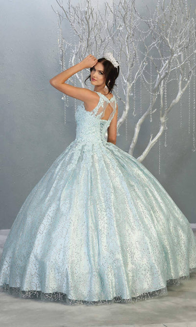 Mayqueen LK149 baby blue v neck quinceanera sequin ballgown w/strap. Light blue shiny ball gown is perfect for engagement dress, wedding reception, indowestern party gown, sweet 16, debut, sweet 15, sweet 18. Plus sizes available for blue ballgowns-b.jpg