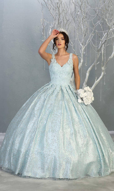 Mayqueen LK149 baby blue v neck quinceanera sequin ballgown w/strap. Light blue shiny ball gown is perfect for engagement dress, wedding reception, indowestern party gown, sweet 16, debut, sweet 15, sweet 18. Plus sizes available for blue ballgowns.jpg