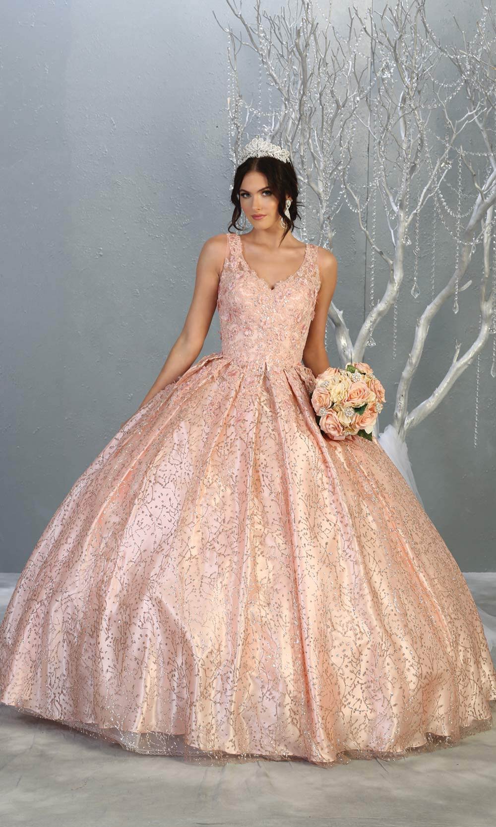 Mayqueen LK149 blush pink v neck quinceanera sequin ballgown w/strap. Light pink shiny ball gown is perfect for engagement dress, wedding reception, indowestern party gown, sweet 16, debut, sweet 15, sweet 18. Plus sizes available for pink ballgowns.jpg