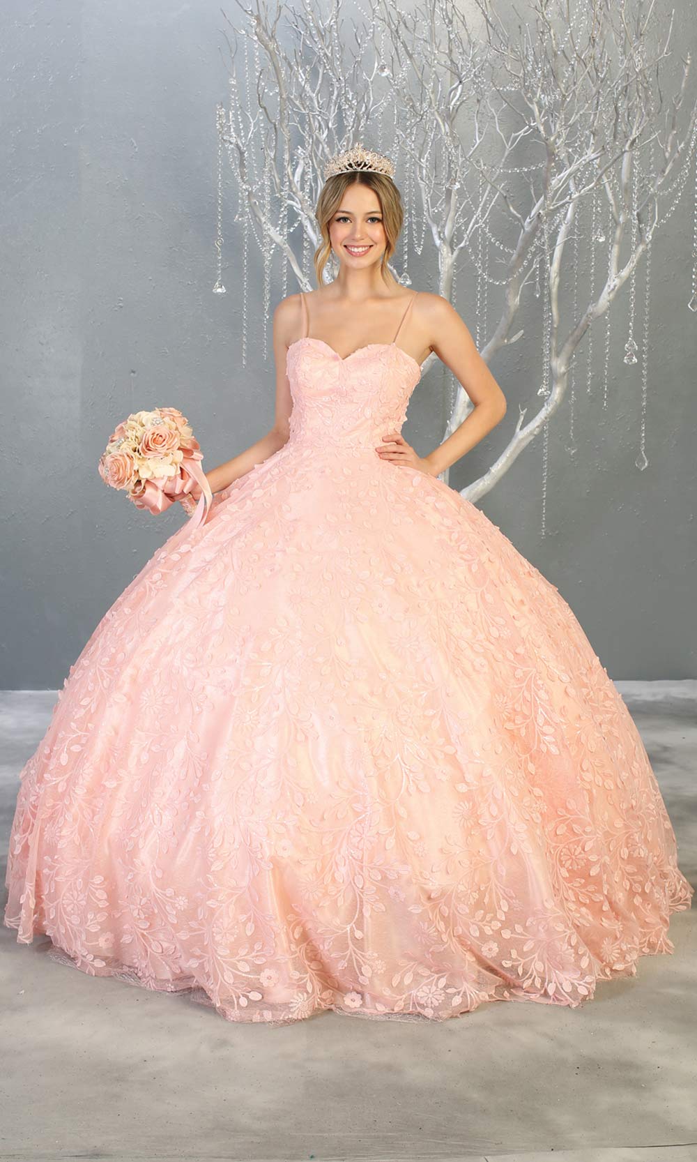 MayqueenLK150 blush pink quinceanera ball gown w/lace detail and thin straps. This light pink ball gown is perfect for engagement dress, wedding reception, indowestern party gown, sweet 16, debut, sweet 15, sweet 18. Plus sizes available for ballgowns.jpg