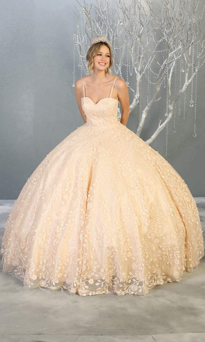 Mayqueen LK150 champagne quinceanera ball gown w/lace detail & thin straps. This light gold ball gown is perfect for engagement dress, wedding reception, indowestern party gown, sweet 16, debut, sweet 15, sweet 18. Plus sizes available for ballgowns.jpg