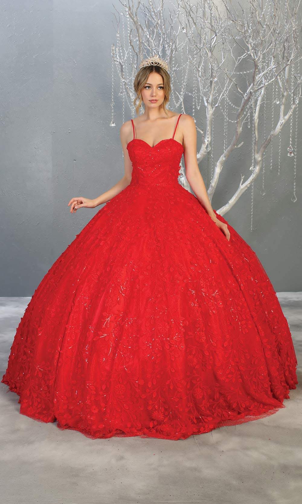 Mayqueen LK150 red quinceanera ball gown w/lace detail & thin straps. This red ball gown is perfect for engagement dress, wedding reception, indowestern party gown, sweet 16, debut, sweet 15, sweet 18. Plus sizes available for red ballgowns.jpg