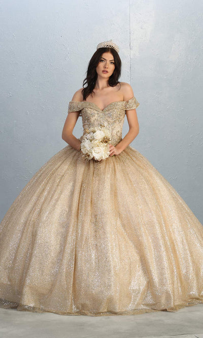 Mayqueen LK151 champagne quinceanera off shoulder sequin ballgown. This light gold shiny ball gown is perfect for engagement dress, wedding reception, indowestern party gown, sweet 16, debut, sweet 15, sweet 18. Plus sizes available for gold ballgowns.jpg