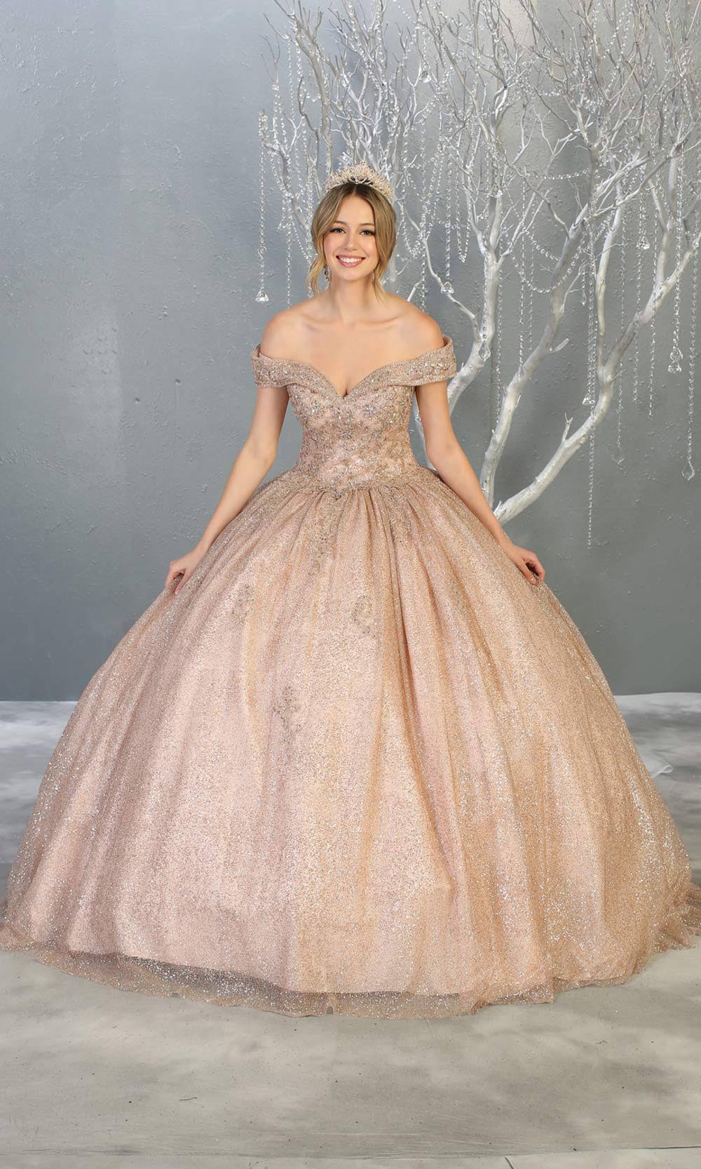 Mayqueen LK151 rose gold quinceanera off shoulder sequin ballgown. This rose gold shiny ball gown is perfect for engagement dress, wedding reception, indowestern party gown, sweet 16, debut, sweet 15, sweet 18. Plus sizes available for gold ballgowns.jpg