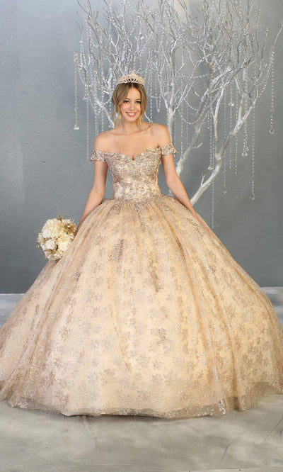 Mayqueen LK152 champagne quinceanera off shoulder sequin ballgown. This gold shiny ball gown is perfect for engagement dress, wedding reception, indowestern party gown, sweet 16, debut, sweet 15, sweet 18. Plus sizes available for gold ballgowns.jpg