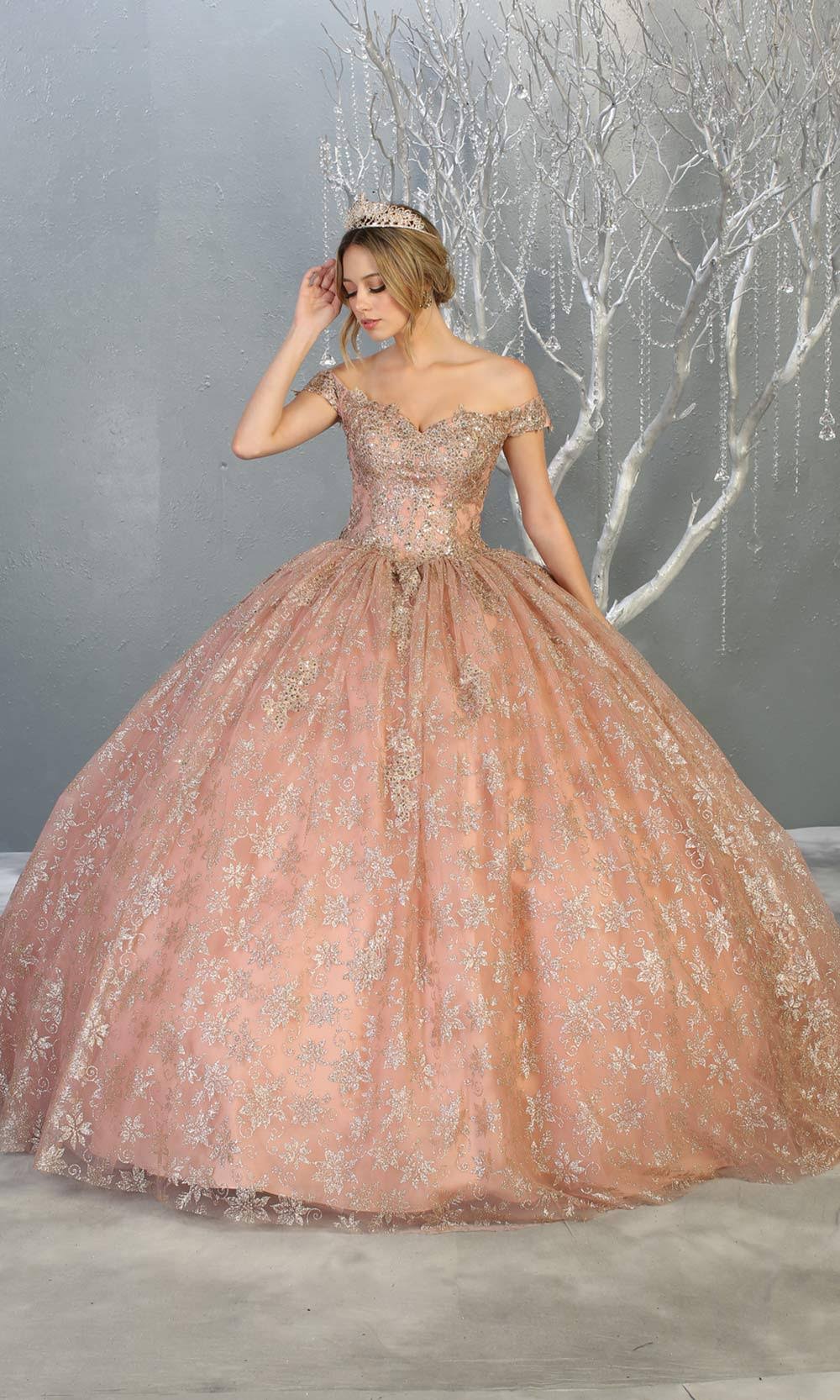 Mayqueen LK152 rose gold quinceanera off shoulder sequin ballgown. This rose gold shiny ball gown is perfect for engagement dress, wedding reception, indowestern party gown, sweet 16, debut, sweet 15, sweet 18. Plus sizes available for gold ballgowns.jpg