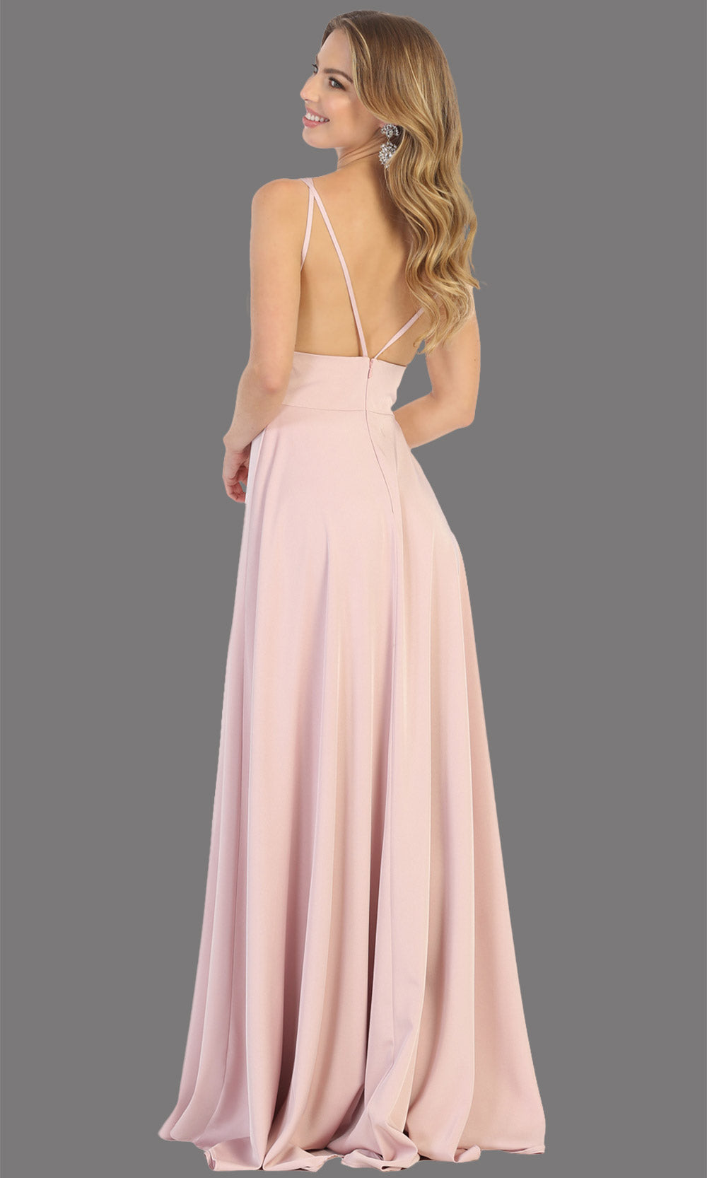 Mayqueen MQ1704 long dusty rose flowy satin dress with high slit and straps. This light pink dress is perfect for bridesmaid dresses, simple wedding guest dress, prom dress, gala, black tie wedding. Plus sizes are available, evening party dress back