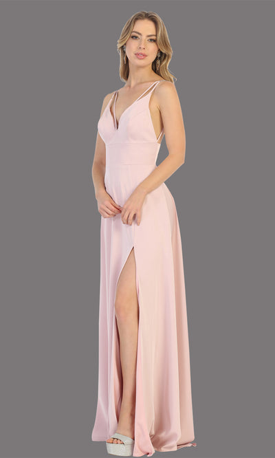 Mayqueen MQ1704 long dusty rose flowy satin dress with high slit and straps. This light pink dress is perfect for bridesmaid dresses, simple wedding guest dress, prom dress, gala, black tie wedding. Plus sizes are available, evening party dress
