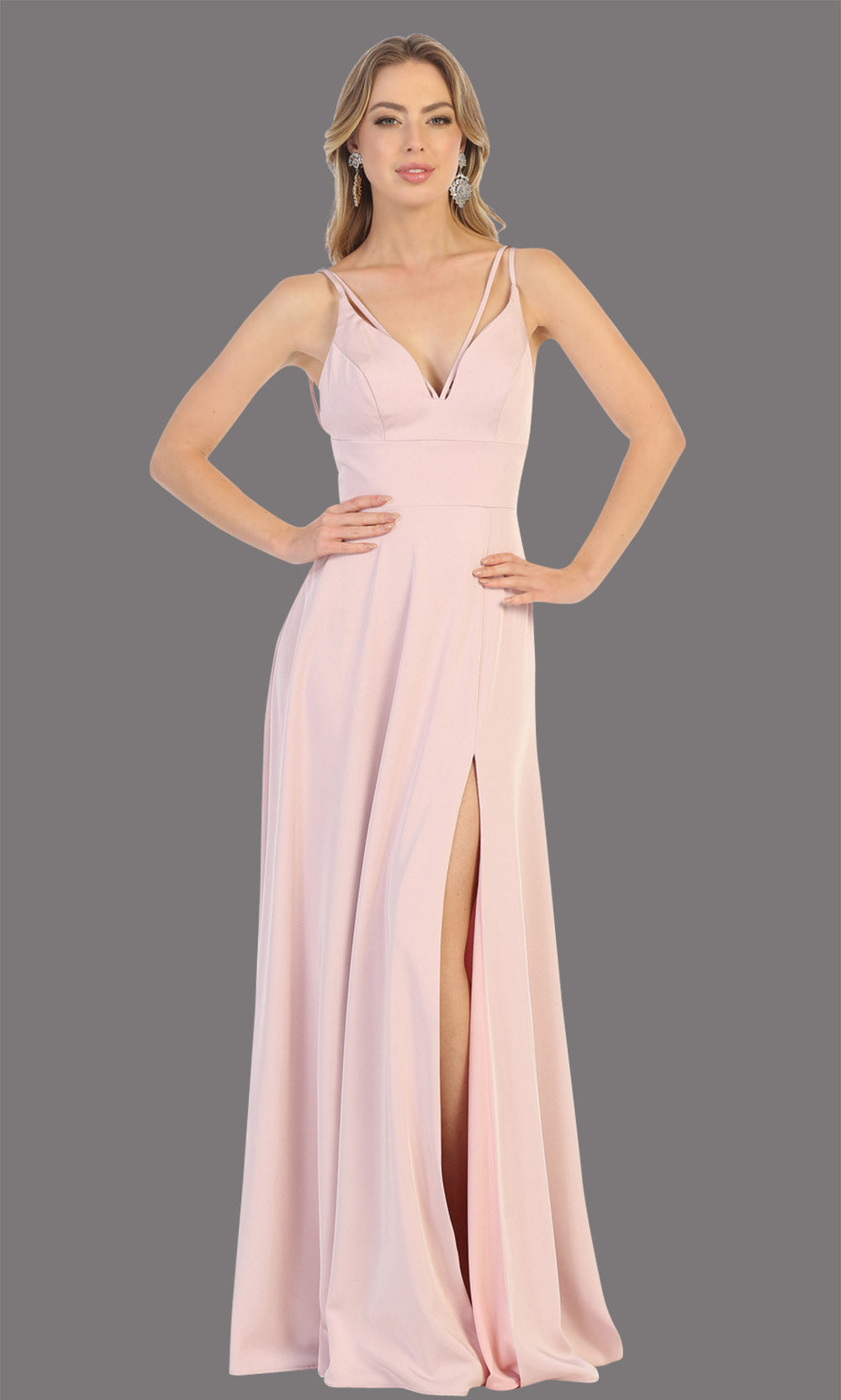 Mayqueen MQ1704 long dusty rose flowy satin dress with high slit and straps. This light pink dress is perfect for bridesmaid dresses, simple wedding guest dress, prom dress, gala, black tie wedding. Plus sizes are available, evening party dress