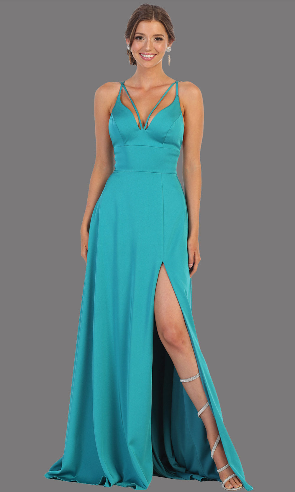 Mayqueen MQ1704 long jade green flowy satin dress with high slit and straps. This green dress is perfect for bridesmaid dresses, simple wedding guest dress, prom dress, gala, black tie wedding. Plus sizes are available, evening party dress