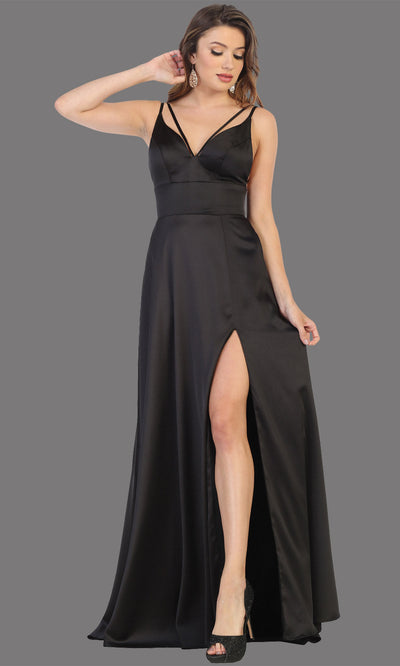 Mayqueen MQ1705 long black flowy satin dress with high slit and straps. This black dress is perfect for bridesmaid dresses, simple wedding guest dress, prom dress, gala, black tie wedding. Plus sizes are available, evening party dress.jpg