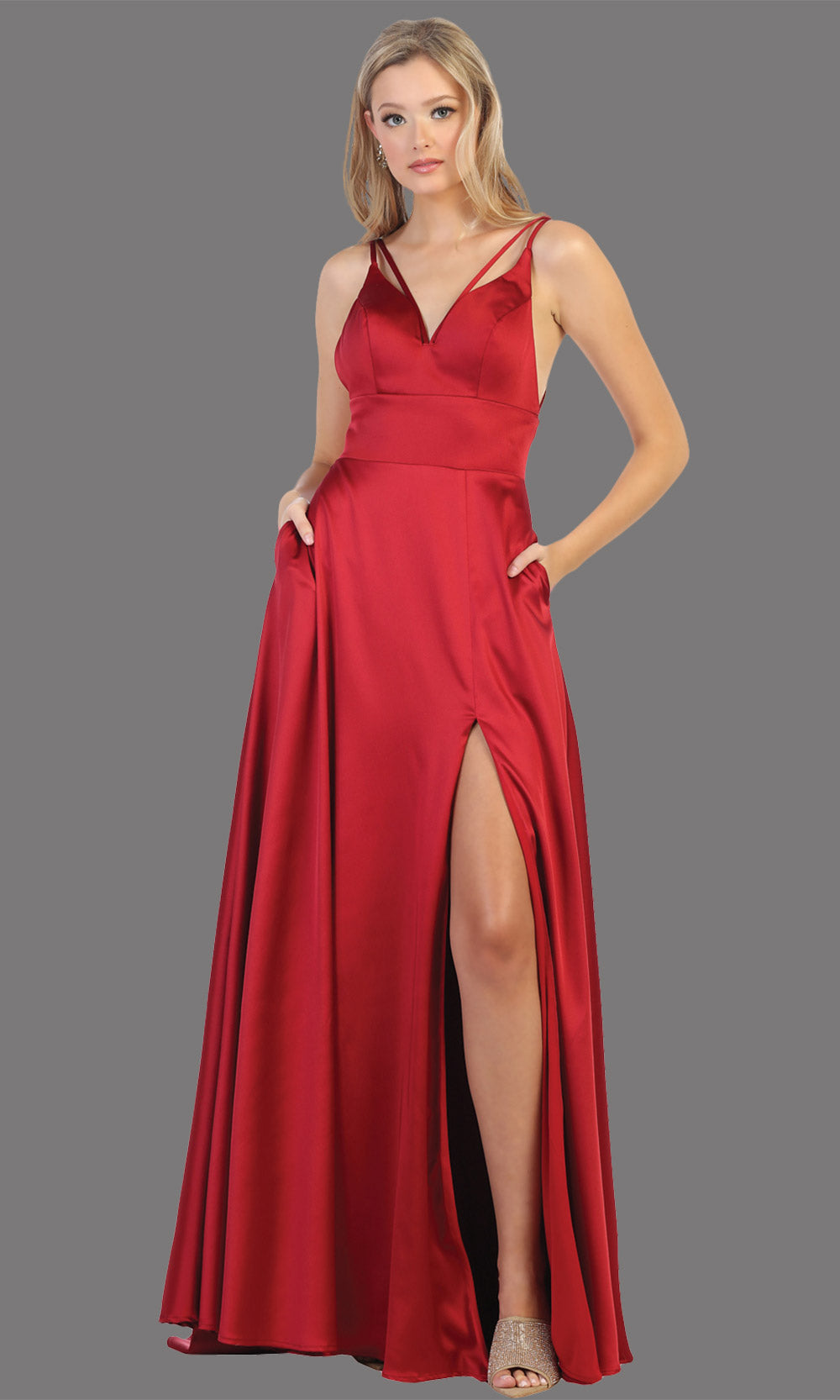 Mayqueen MQ1705 long burgundy red flowy satin dress with high slit and straps. This dark red dress is perfect for bridesmaid dresses, simple wedding guest dress, prom dress, gala, black tie wedding. Plus sizes are available, evening party dress.jpg