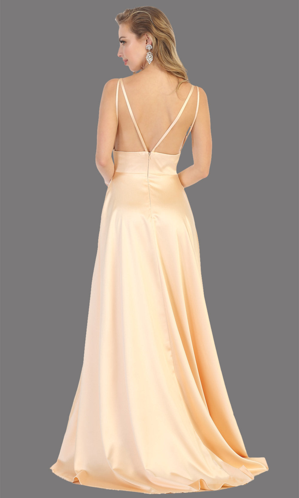 Mayqueen MQ1705 long champagne gold flowy satin dress with high slit and straps. This light gold dress is perfect for bridesmaid dresses, simple wedding guest dress, prom dress, gala, black tie wedding. Plus sizes are available, evening party dress-b.jpg