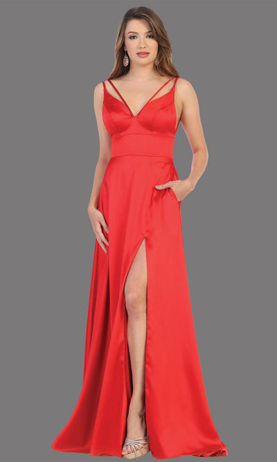 Mayqueen MQ1705 long red flowy satin dress with high slit and straps. This red dress is perfect for bridesmaid dresses, simple wedding guest dress, prom dress, gala, black tie wedding. Plus sizes are available, evening party dress.jpg