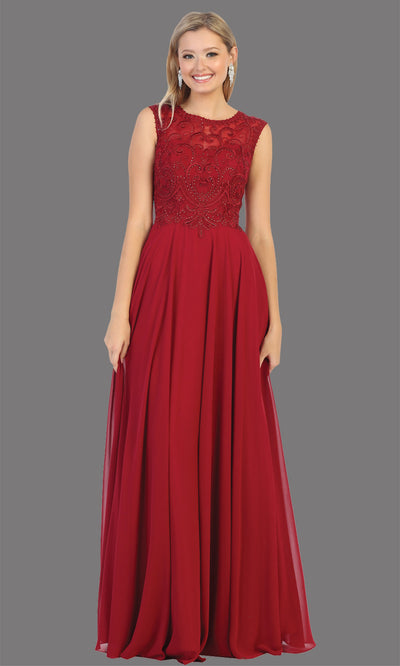 Mayqueen MQ1707 long burgundy red flowy dress with high neck & high back. This dark red dress is perfect for bridesmaid dresses, simple wedding guest dress, prom dress, gala, black tie wedding. Plus sizes are available, evening party dress.jpg
