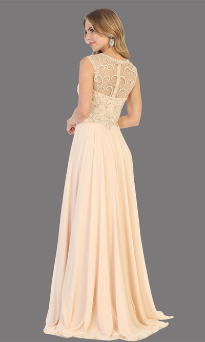 Mayqueen MQ1707 long champagne flowy dress with high neck & high back. This light gold dress is perfect for bridesmaid dresses, simple wedding guest dress, prom dress, gala, black tie wedding. Plus sizes are available, evening party dress-back.jpg