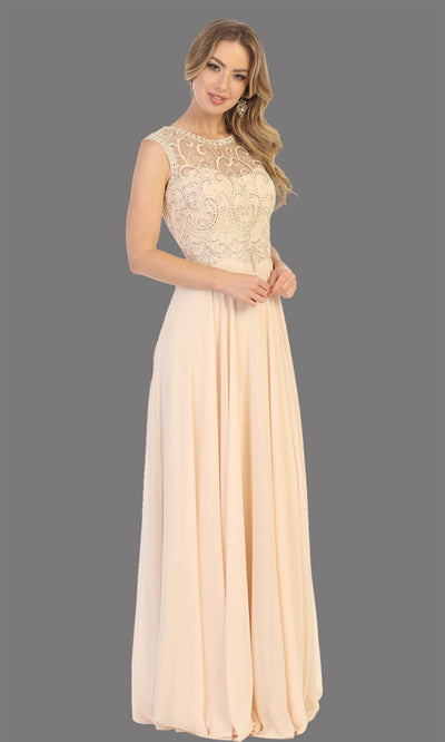 Mayqueen MQ1707 long champagne flowy dress with high neck & high back. This light gold dress is perfect for bridesmaid dresses, simple wedding guest dress, prom dress, gala, black tie wedding. Plus sizes are available, evening party dress.jpg