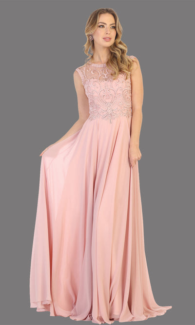 Mayqueen MQ1707 long dusty rose flowy dress with high neck & high back. This light pink dress is perfect for bridesmaid dresses, simple wedding guest dress, prom dress, gala, black tie wedding. Plus sizes are available, evening party dress.jpg